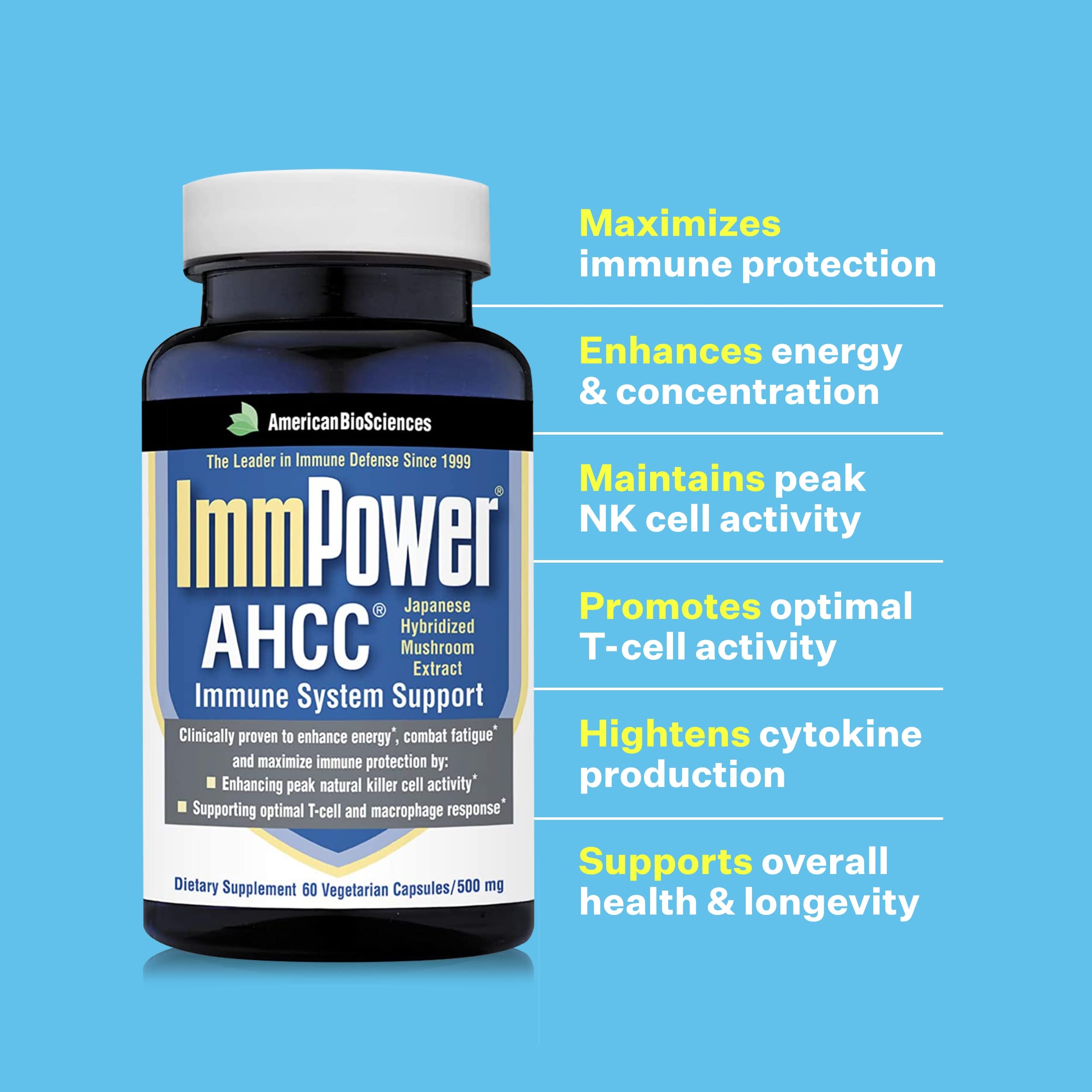 American BioSciences ImmPower AHCC Supplement, Vegetarian Capsules, Enhanced Immune Support, Natural Killer Cell Activity and Cytokine Production, 500 milligrams per Capsule