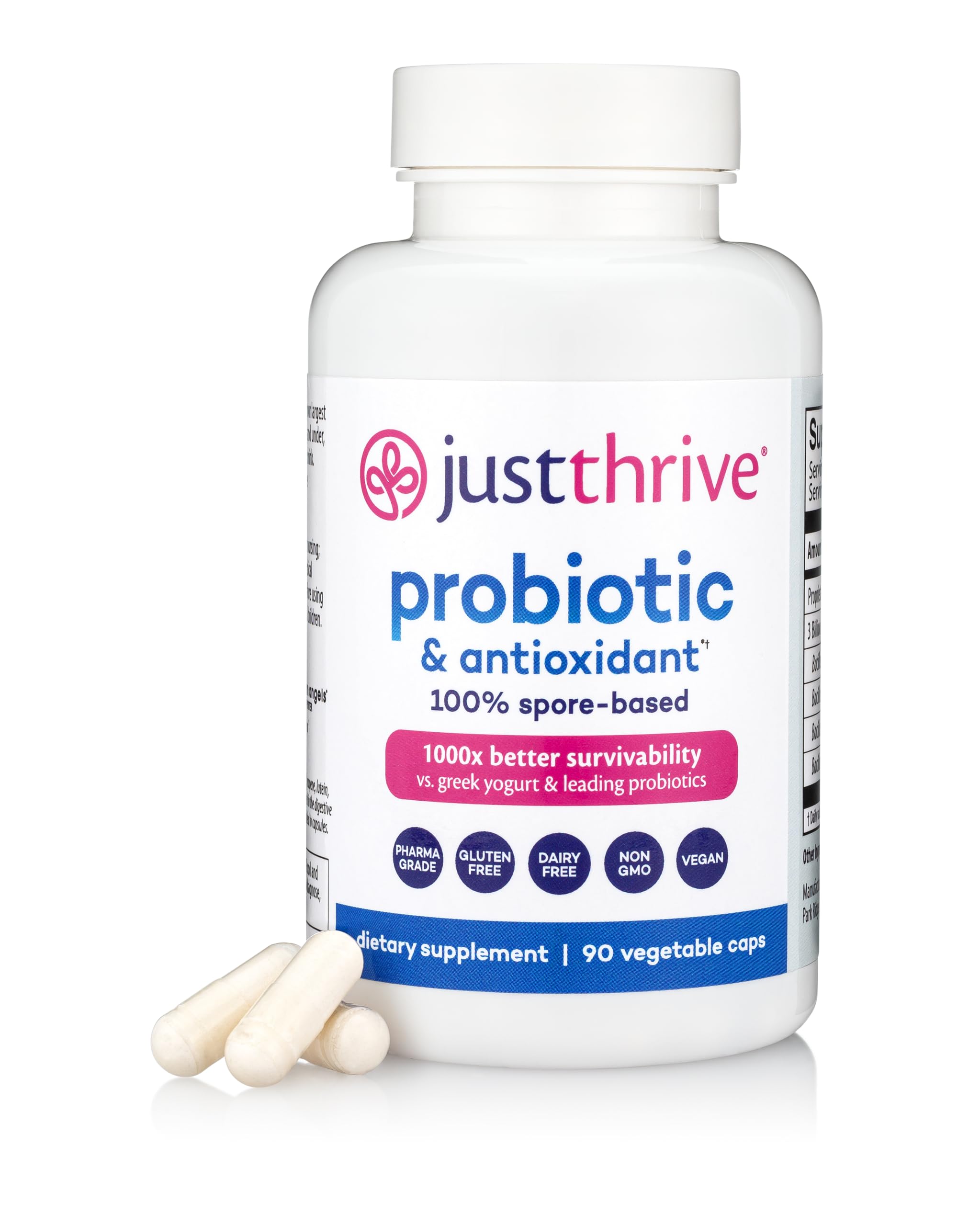 Just Thrive Probiotic & Antioxidant Supplement - 100% Spore-Based Digestive and Immune Support - Gluten Free, 30 Caps