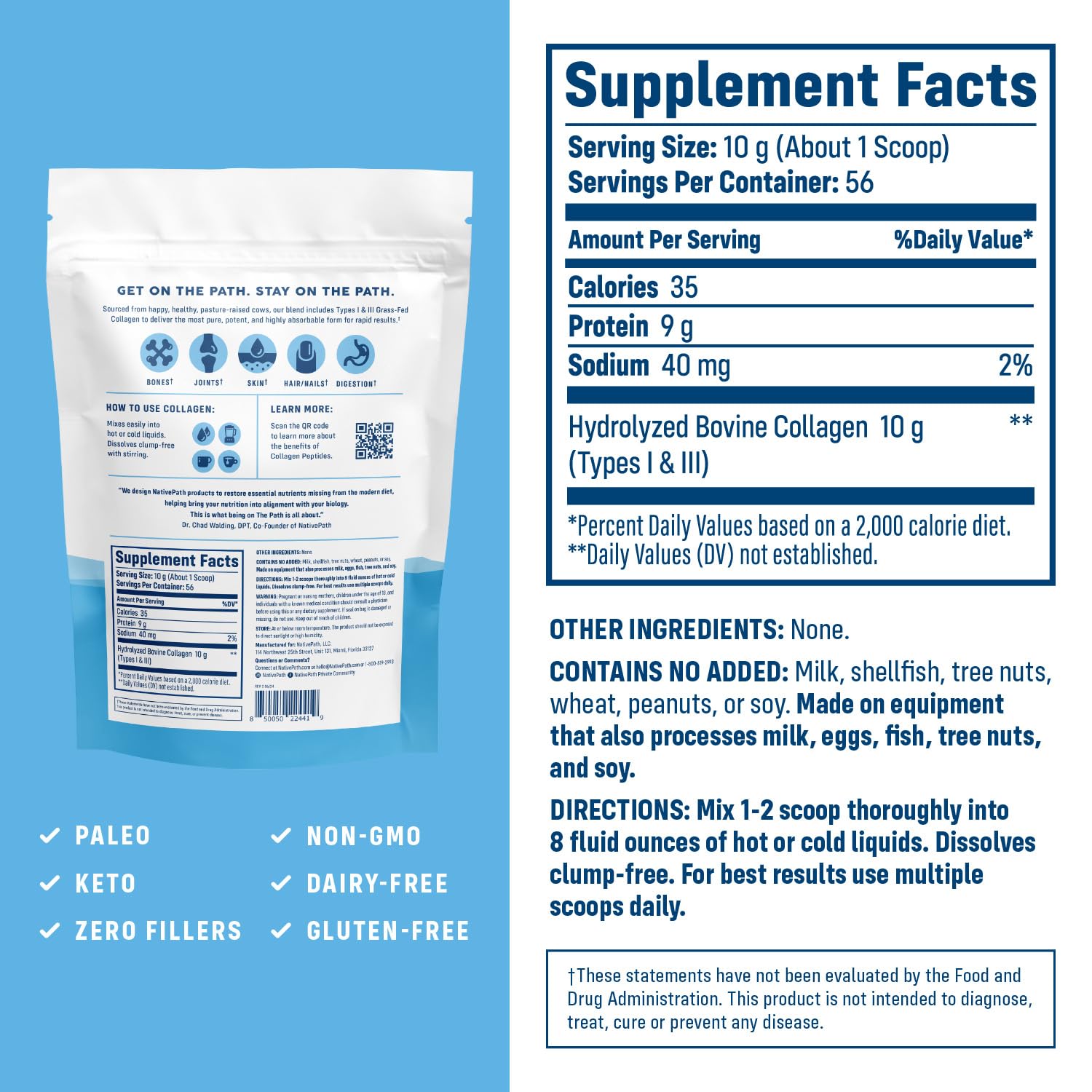 NativePath Collagen Peptides - Hydrolyzed Type 1 & 3 Collagen Powder for Skin, Hair, Nails - 8.8 oz (25 Servings)