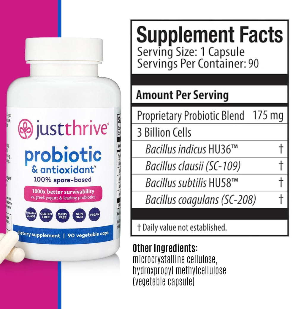Just Thrive Probiotic & Antioxidant Supplement - 100% Spore-Based Digestive and Immune Support - Gluten Free, 30 Caps