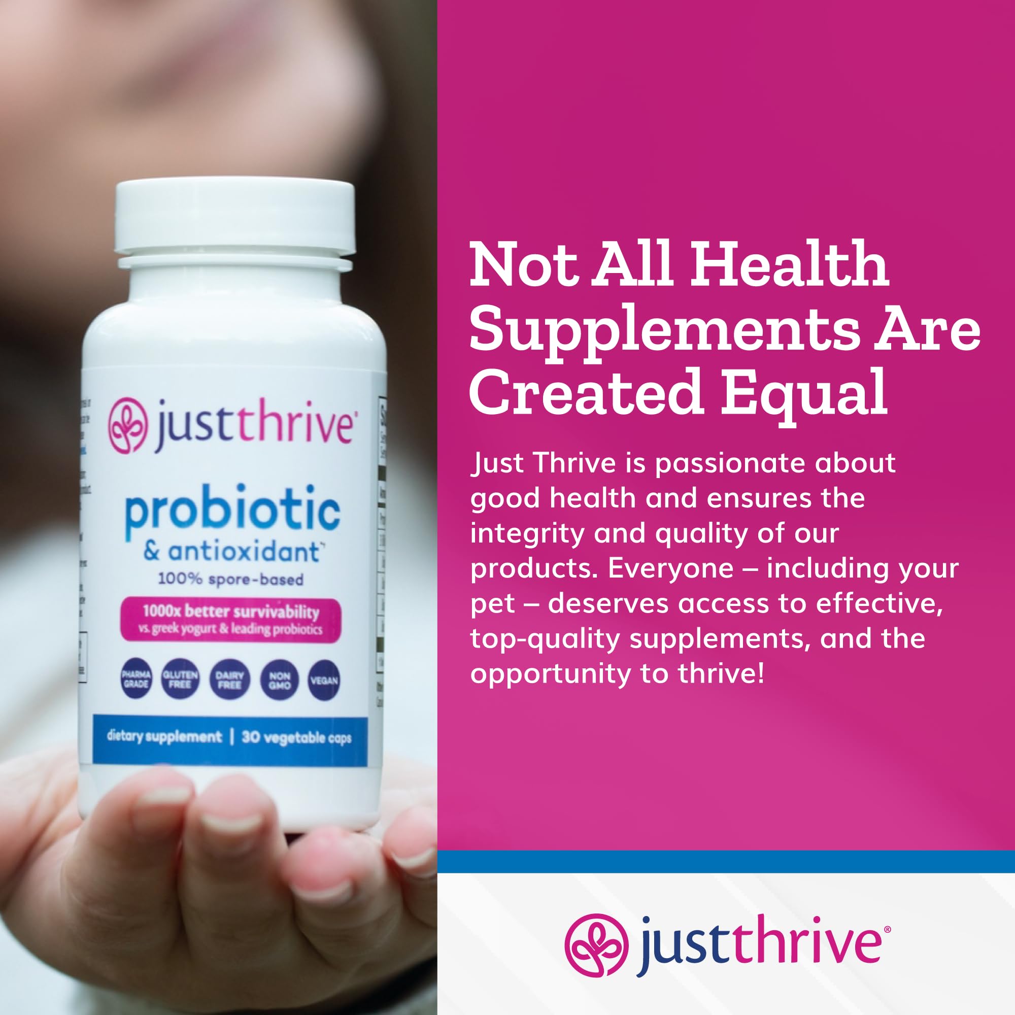Just Thrive Probiotic & Antioxidant Supplement - 100% Spore-Based Digestive and Immune Support - Gluten Free, 30 Caps