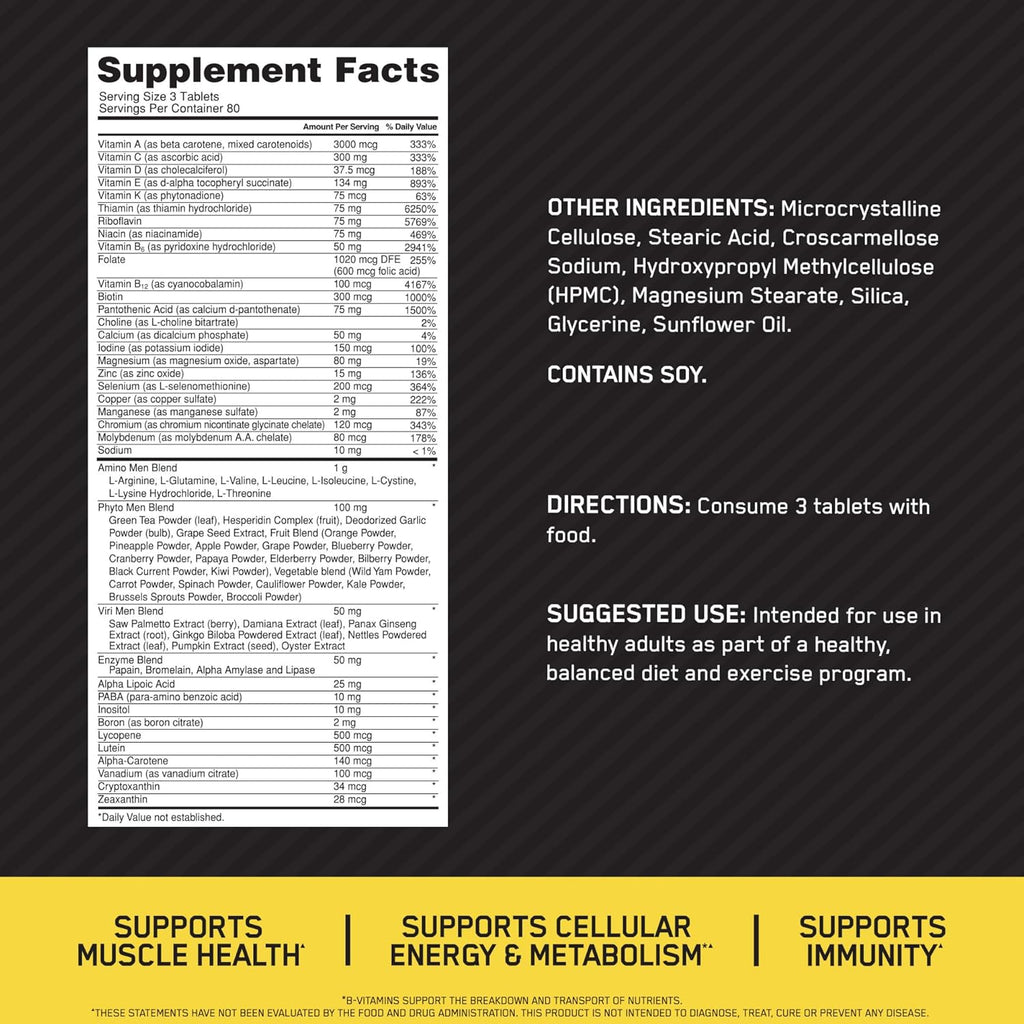 Men’s Daily Multivitamin with Amino Acids & Immune Support – 80 Day Supply (240 Tablets) | Optimum Nutrition Opti-Men