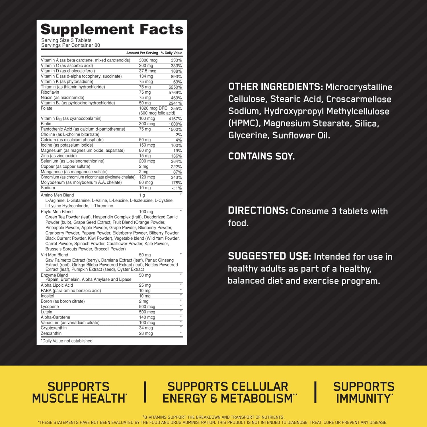 Men’s Daily Multivitamin with Amino Acids & Immune Support – 80 Day Supply (240 Tablets) | Optimum Nutrition Opti-Men