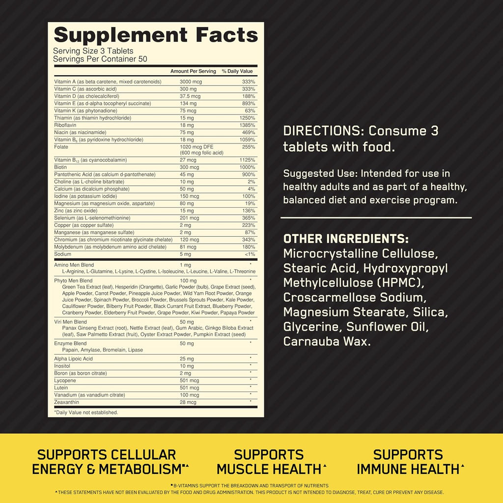 Men’s Daily Multivitamin with Amino Acids & Immune Support – 80 Day Supply (240 Tablets) | Optimum Nutrition Opti-Men