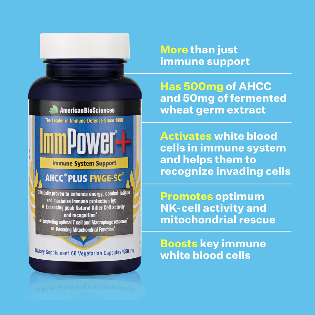 American BioSciences ImmPower AHCC Supplement, Vegetarian Capsules, Enhanced Immune Support, Natural Killer Cell Activity and Cytokine Production, 500 milligrams per Capsule
