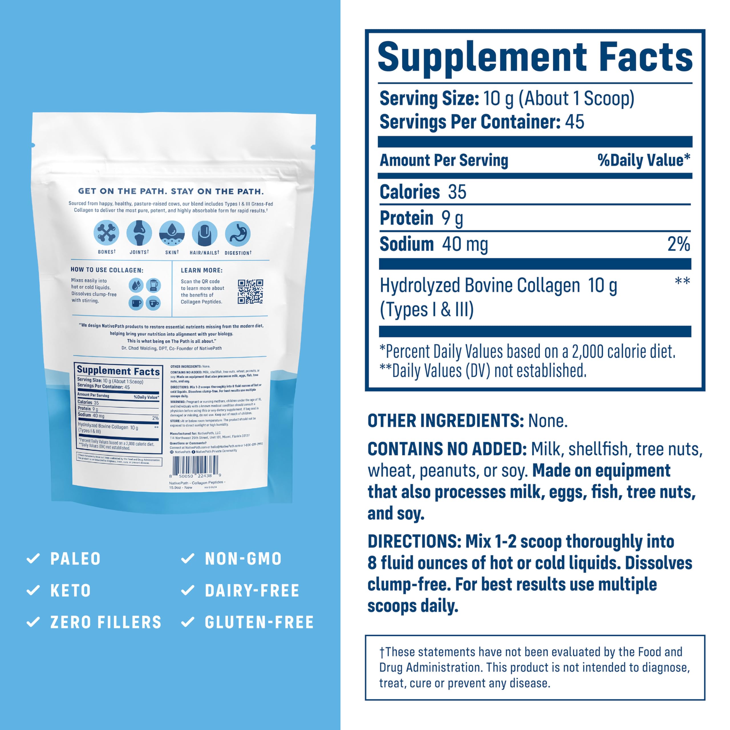 NativePath Collagen Peptides - Hydrolyzed Type 1 & 3 Collagen Powder for Skin, Hair, Nails - 8.8 oz (25 Servings)