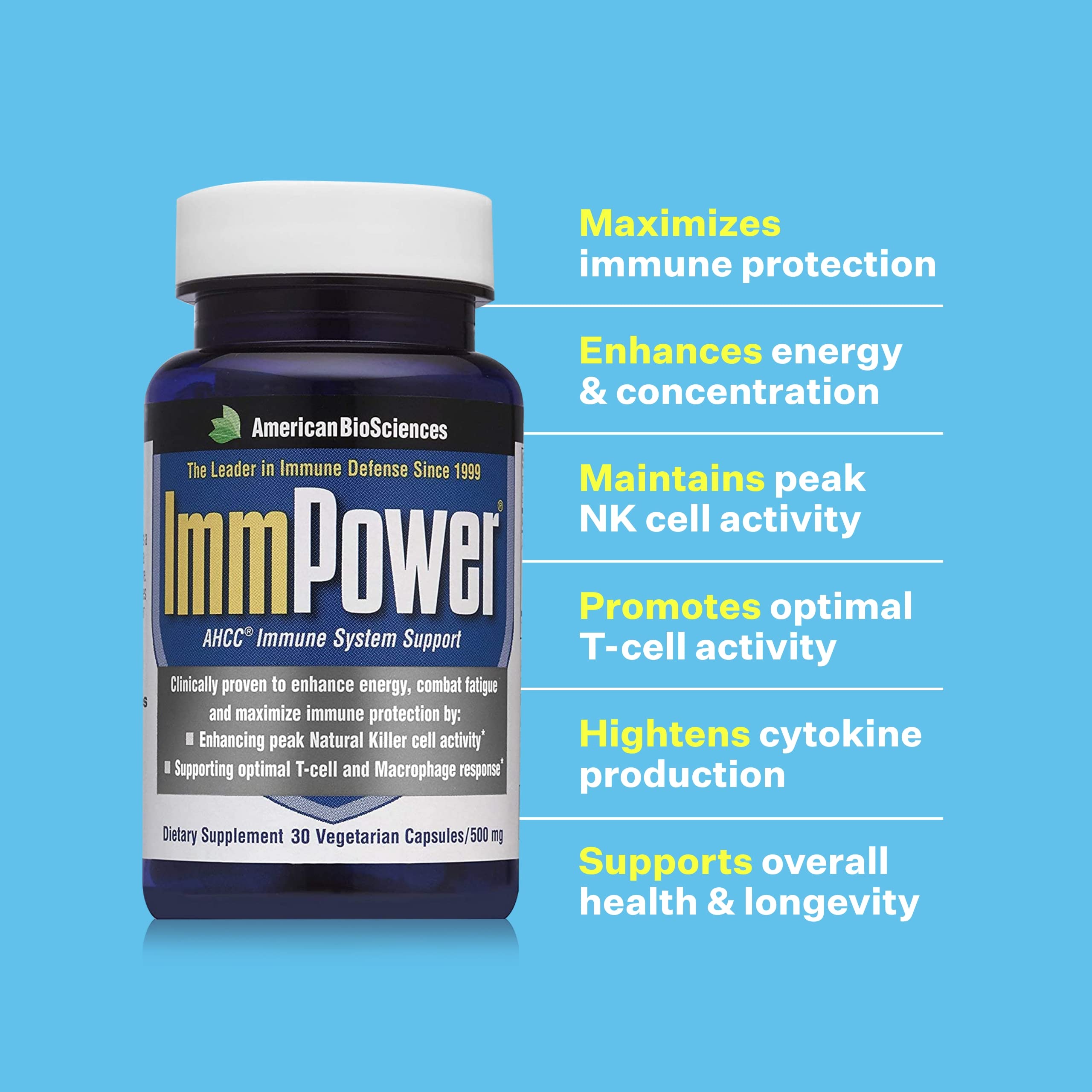 American BioSciences ImmPower AHCC Supplement, Vegetarian Capsules, Enhanced Immune Support, Natural Killer Cell Activity and Cytokine Production, 500 milligrams per Capsule